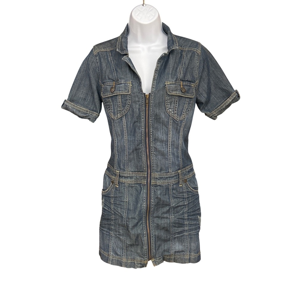 Va Va Voom Denim Zip Front Utility Romper Dress Short Sleeve Pockets Y2K Medium